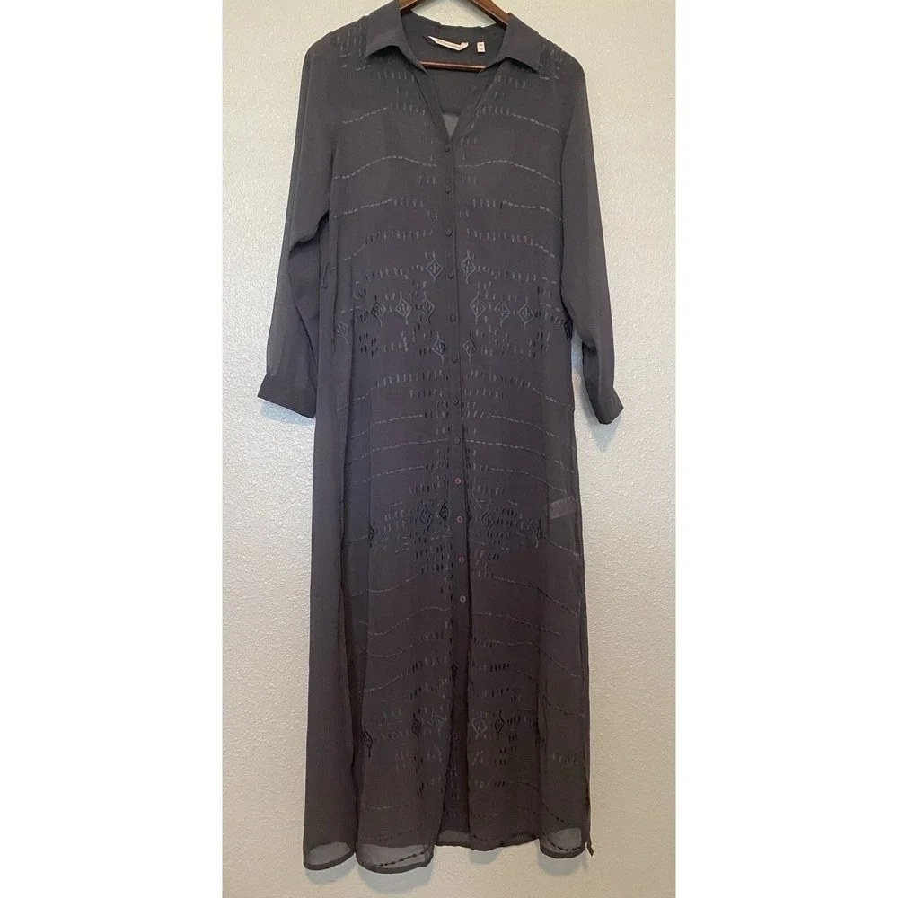 Soft Surroundings Ibiza maxi dress‎ Sz XS Slate Gray Embroidered Sheer Boho Chic
